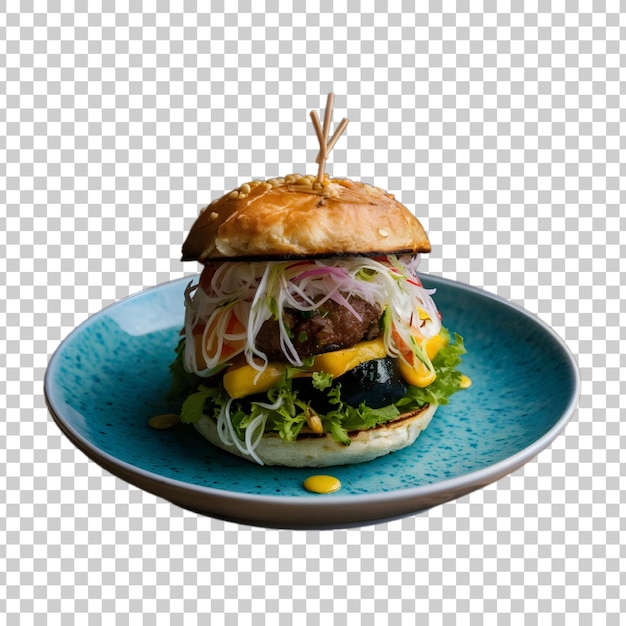 PSD a hamburger with a sticker on it is on a plate with a checkered plate