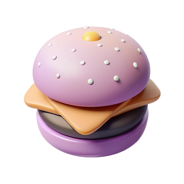 a hamburger with a sunburst on it sits on a purple plate