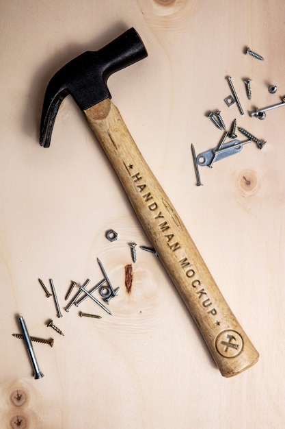 Hammer with engraved text effect mock-up on wooden handle