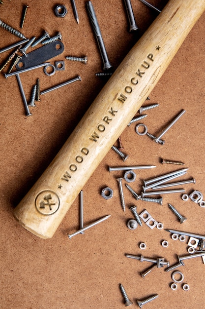 Hammer with engraved text effect mock-up on wooden handle