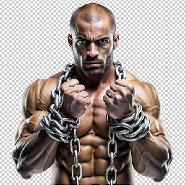 PSD hand art of strong man on fence with chains isolated on transparent background