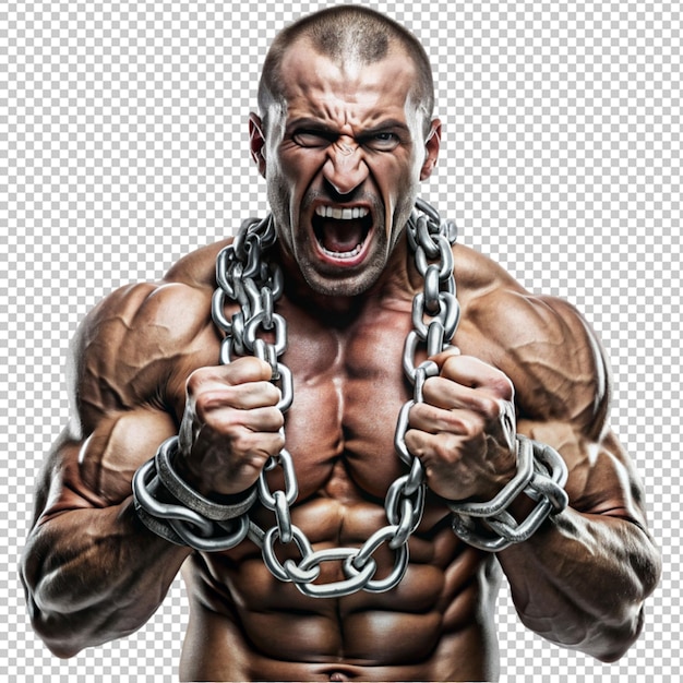 PSD hand art of strong man on fence with chains isolated on transparent background