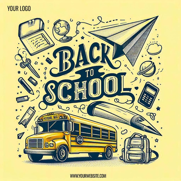 Hand Drawn Back to School Text Typography with Paper Airplane and School Social media post template