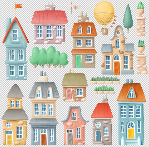 PSD hand drawn buildings clipart collection