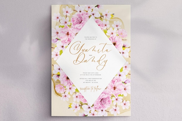 PSD hand drawn cherry blossom invitation card set