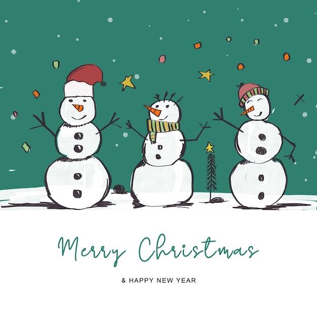 hand drawn christmas greeting card with snowman decoration