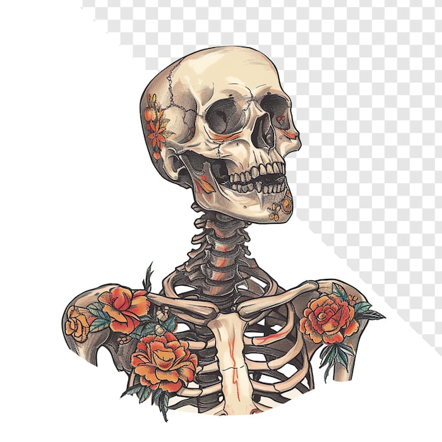 Hand Drawn Colorful Skeleton with Tattoos on Transparent Background