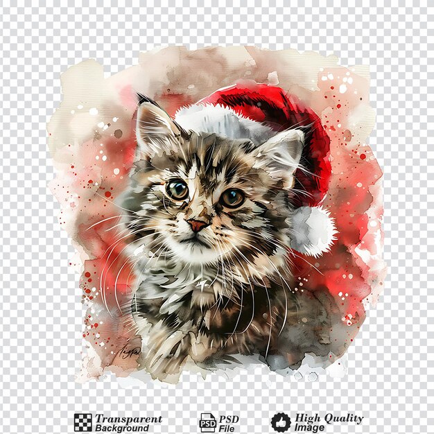 PSD hand drawn cute christmas cat with santa hat isolated on transparent background