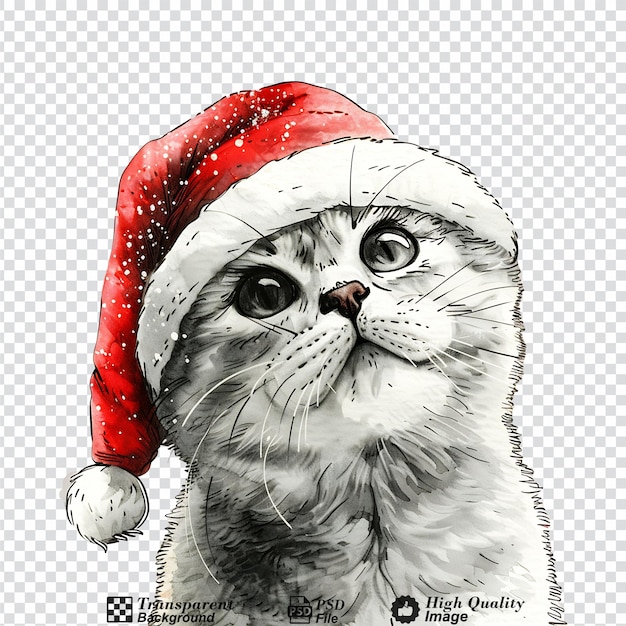 PSD hand drawn cute christmas cat with santa hat isolated on transparent background