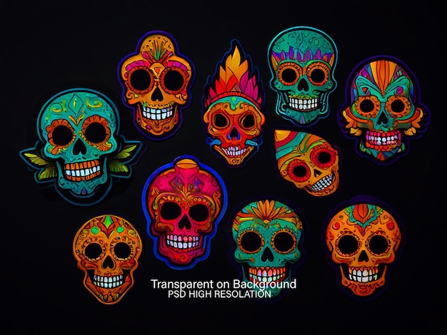 Hand drawn flat dia de muertos skulls collection Transparent Background