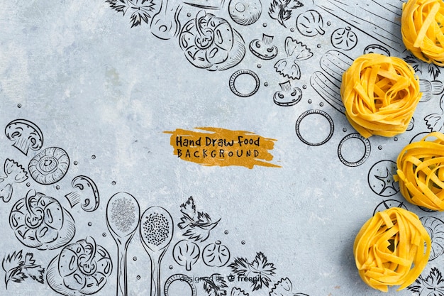 PSD hand drawn food background with pasta