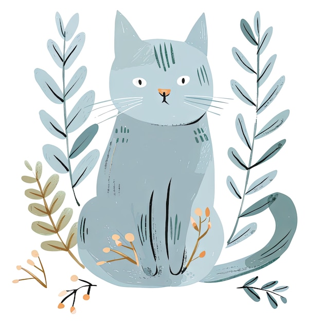 Hand drawn Gray Cat with Botanical Elements in Artistic Illustration