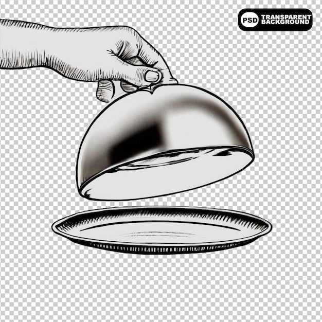 PSD hand drawn hand holding silver cloche and open the cover png isolated on transparent background