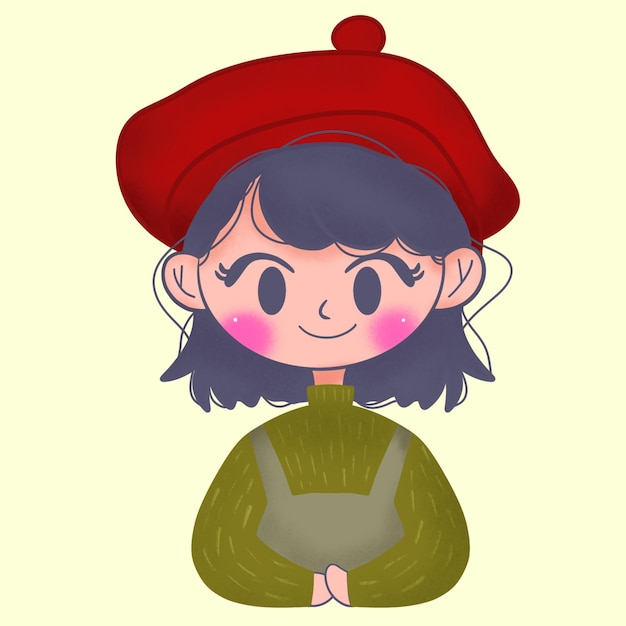 PSD hand drawn illustration of little girl in red hat with green turtleneck shirt