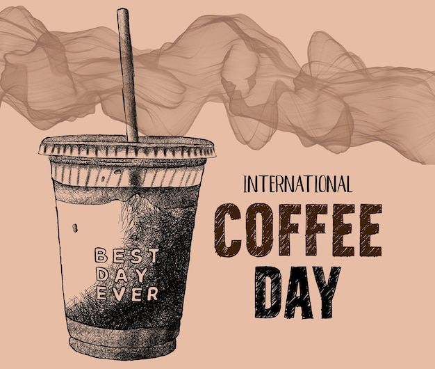 Hand drawn international coffee day with cup stippling art, dot art