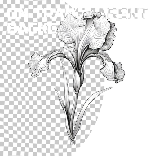 PSD hand drawn iris flower vector monochrome illustration isolated on transparent background