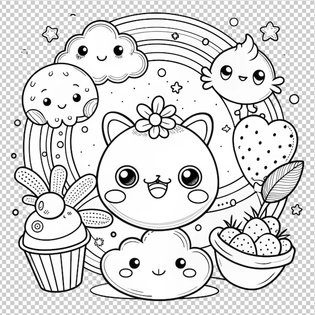 PSD hand drawn kawaii coloring book illustration