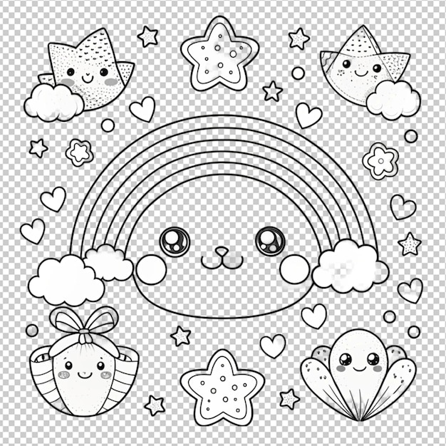 PSD hand drawn kawaii coloring book illustration