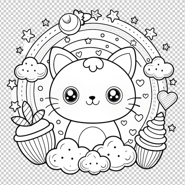 PSD hand drawn kawaii coloring book illustration