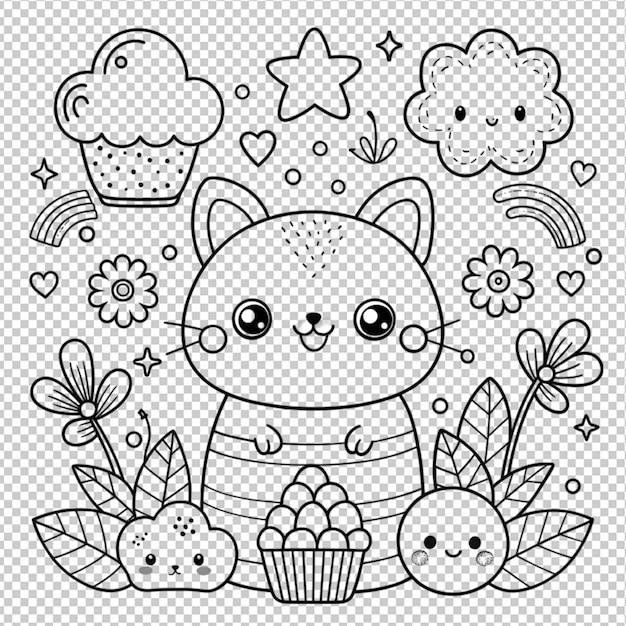 PSD hand drawn kawaii coloring book illustration