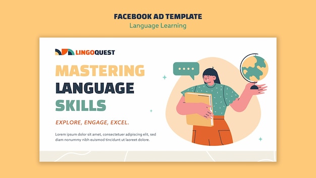 PSD hand drawn language learning facebook template