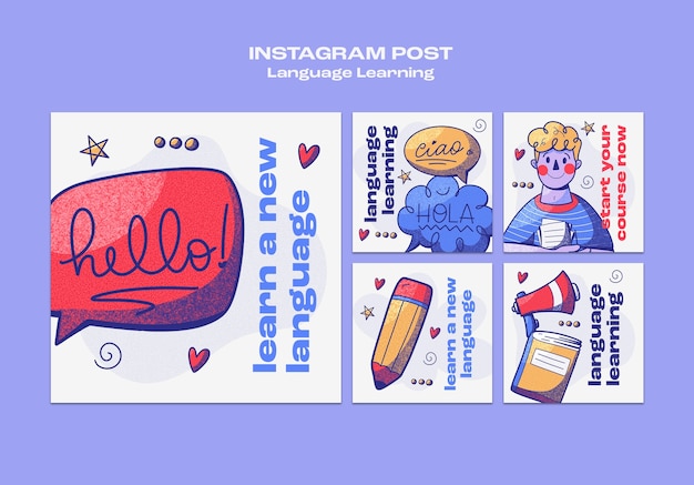 Hand drawn language learning instagram posts