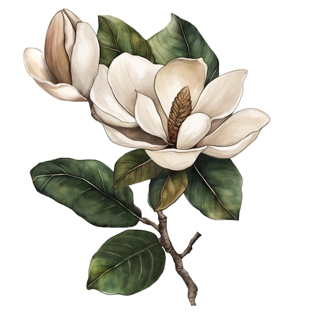 PSD hand drawn magnolia plant leaves flowers vintage