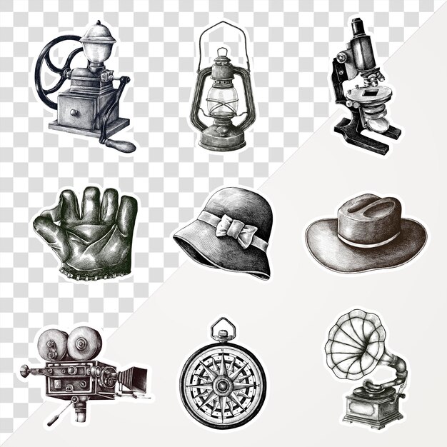 PSD hand drawn retro object sticker design element set