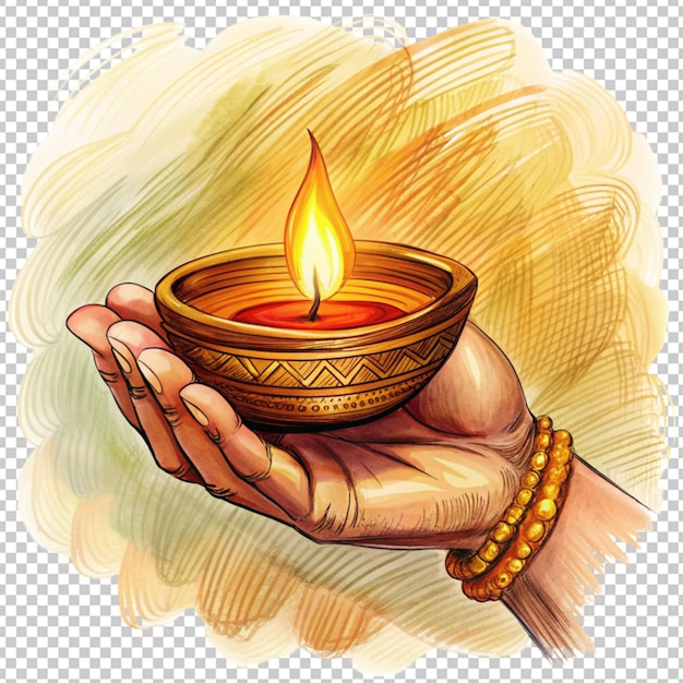 PSD hand drawn sketch for hand holding indian oil lamp