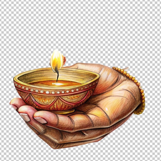 PSD hand drawn sketch for hand holding indian oil lamp