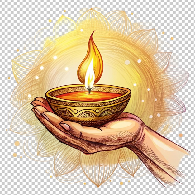 PSD hand drawn sketch for hand holding indian oil lamp