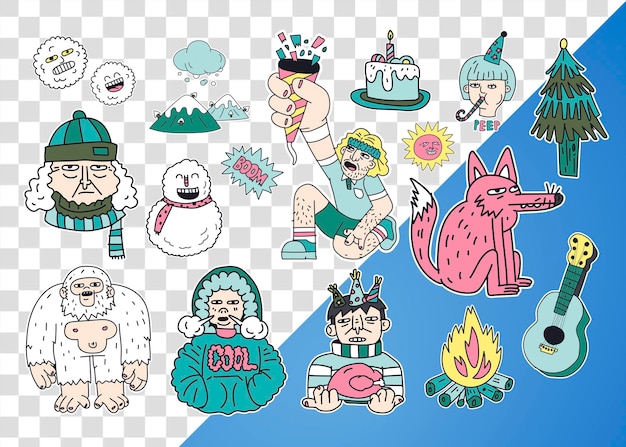 PSD hand drawn winter character png element set transparent background