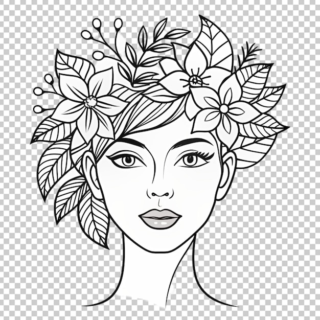 PSD hand drawn woman face with flowers illustration