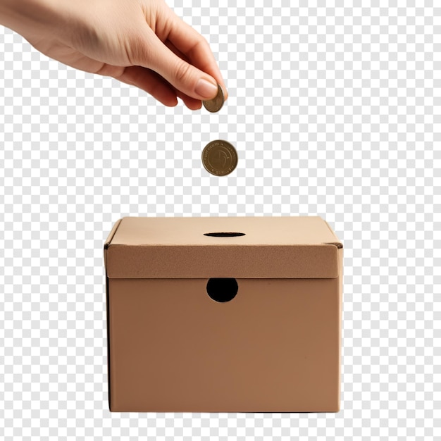 Hand dropping coin into donation box on a transparent background