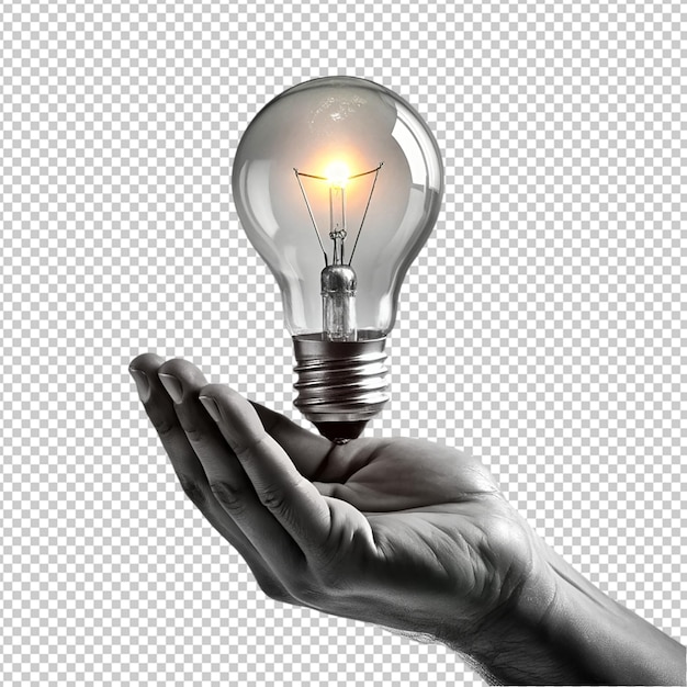 PSD hand grayscale holding light bulb collage element on transparent background