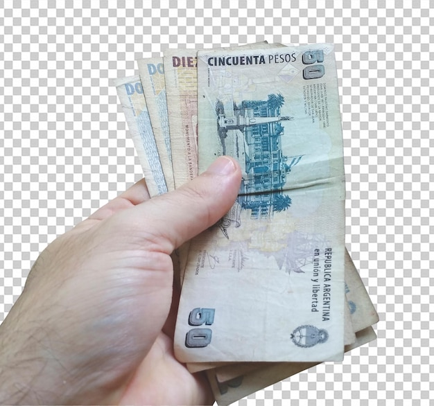 Hand holding argentinian money banknotes