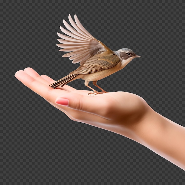 PSD hand holding bird isolated on transparent background