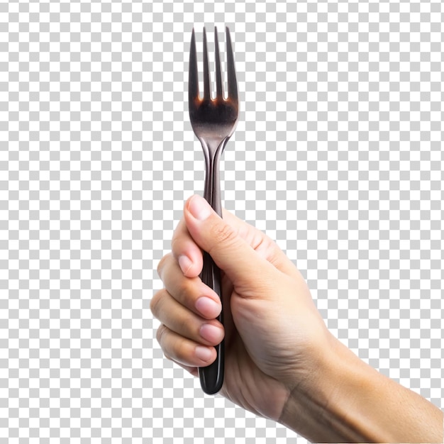 Hand holding a black plastic fork isolated on transparent background