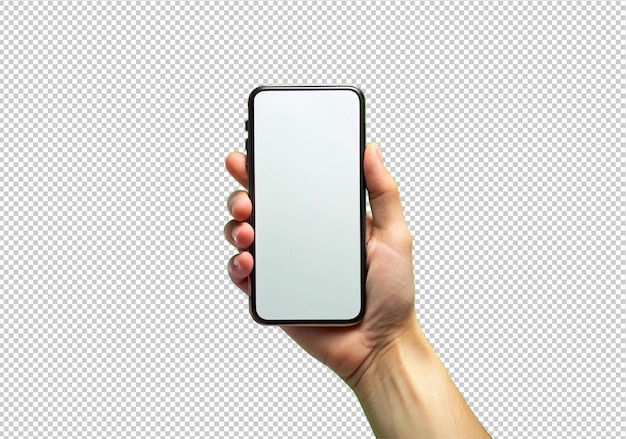 PSD hand holding blank phone screen front view isolated on transparent background