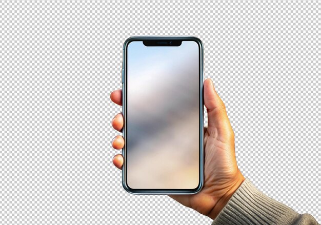 PSD hand holding blank phone screen front view isolated on transparent background