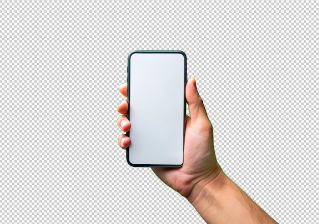 PSD hand holding blank phone screen front view isolated on transparent background