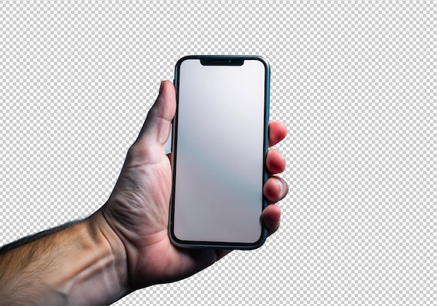 PSD hand holding blank phone screen front view isolated on transparent background