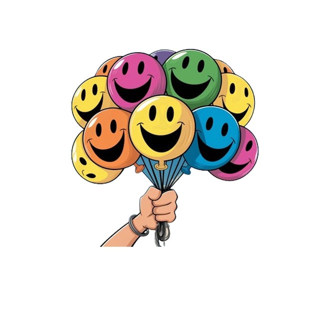 PSD hand holding a bunch of colorful balloons with a smiley face on it