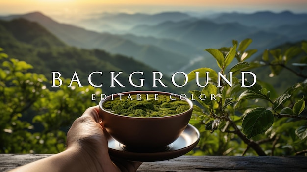 Hand holding a cup of hot tea and natural view of the mountain landscape at the time the sun appears