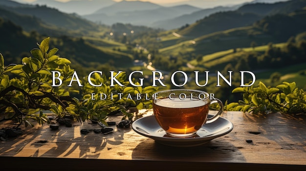 Hand holding a cup of hot tea and natural view of mountain landscape