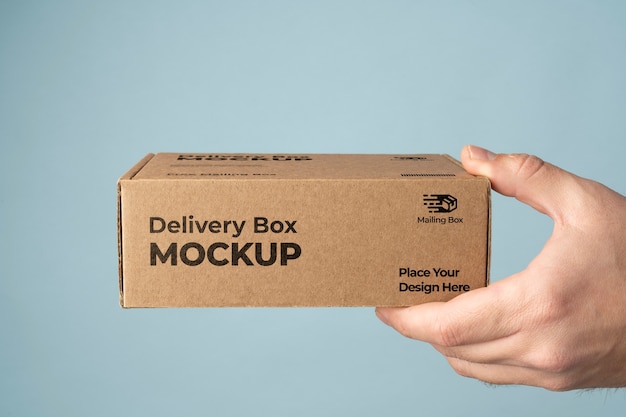 Hand holding delivery box mockup