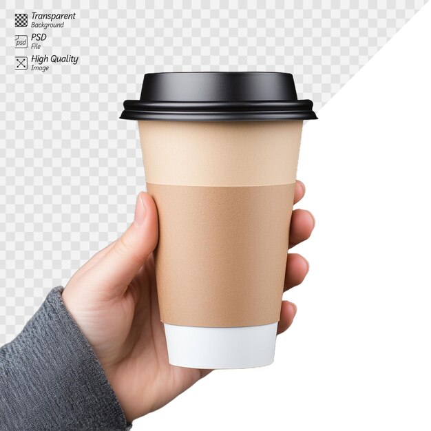 PSD hand holding a disposable coffee cup with black lid