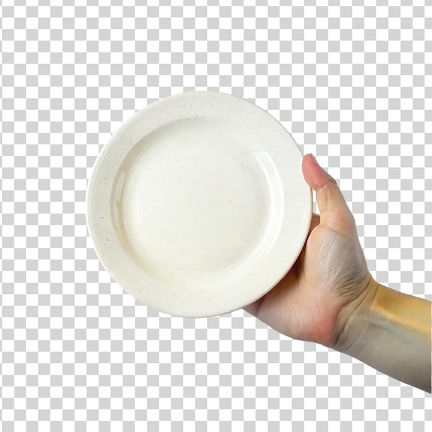 Hand holding empty white plate isolated on transparent background