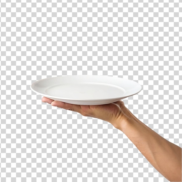 Hand holding empty white plate isolated on transparent background