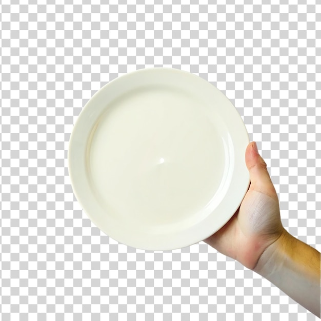 Hand holding empty white plate isolated on transparent background